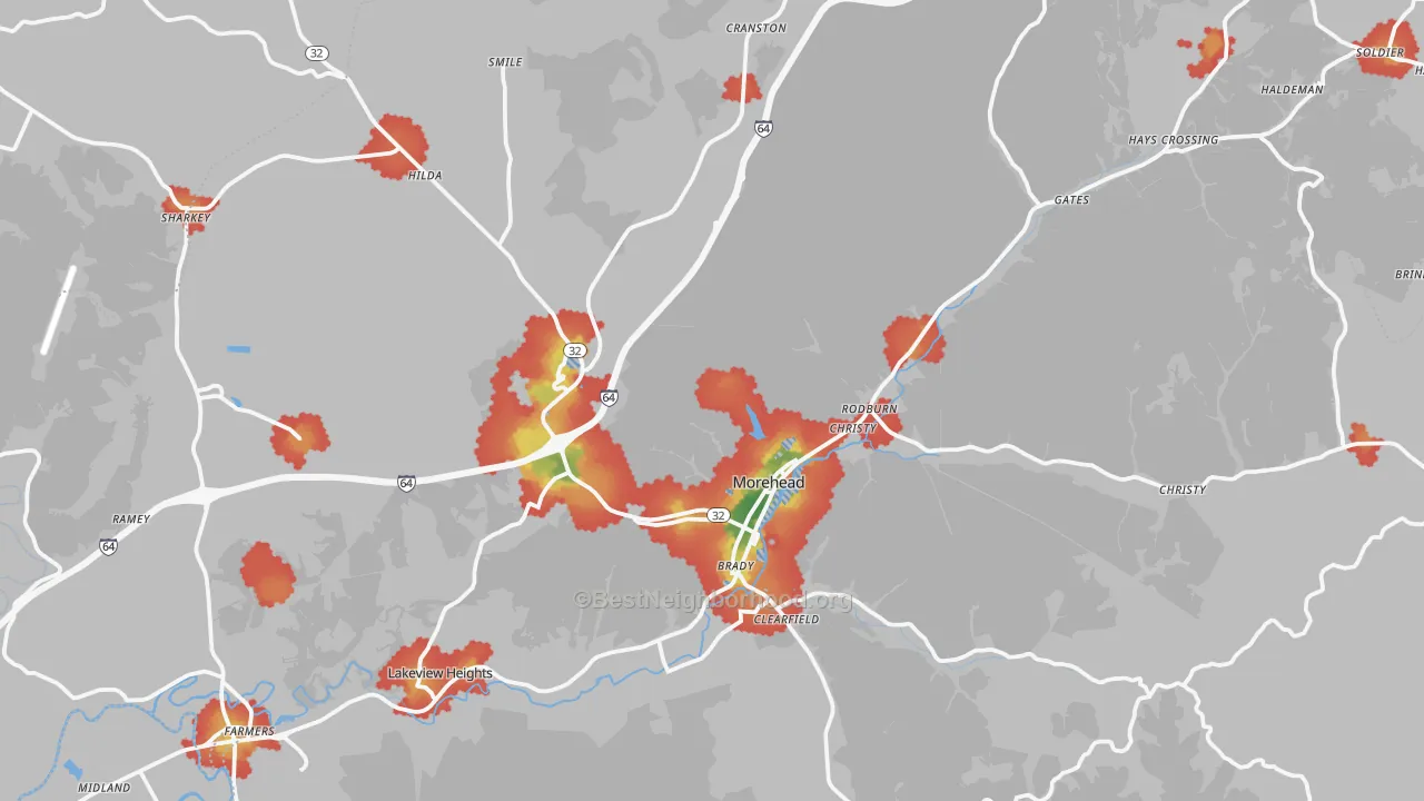 Walk Grade map of 40351, KY, walkable areas in green and car-dependent areas in red
