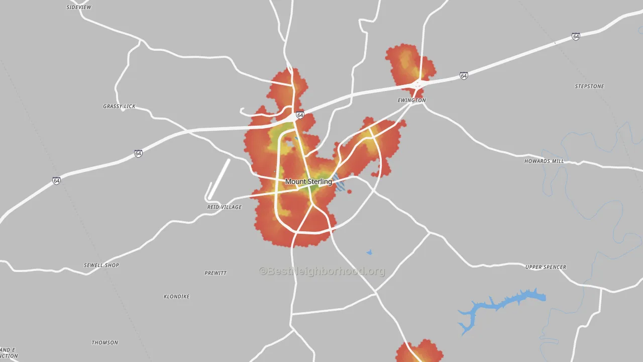 Walk Grade map of 40353, KY, walkable areas in green and car-dependent areas in red