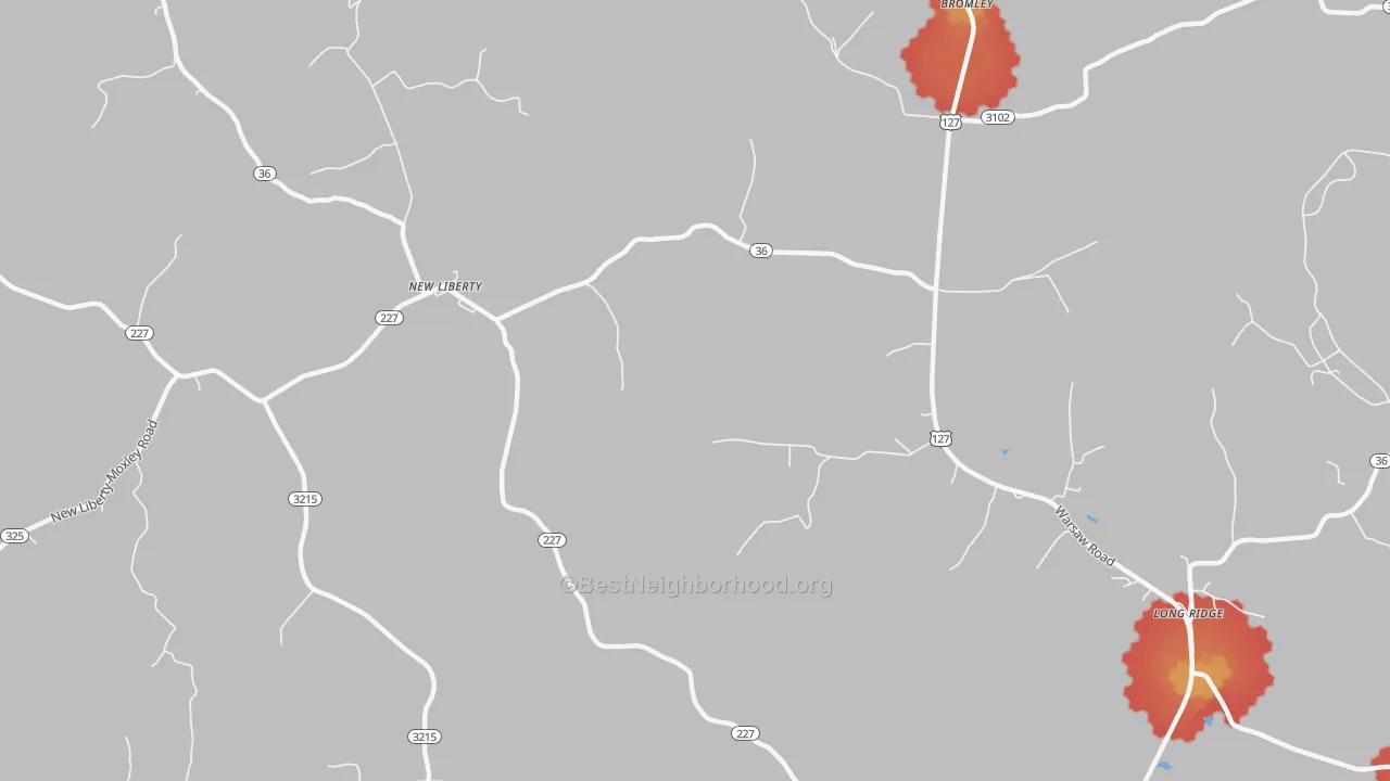 Walk Grade map of 40355, KY, walkable areas in green and car-dependent areas in red
