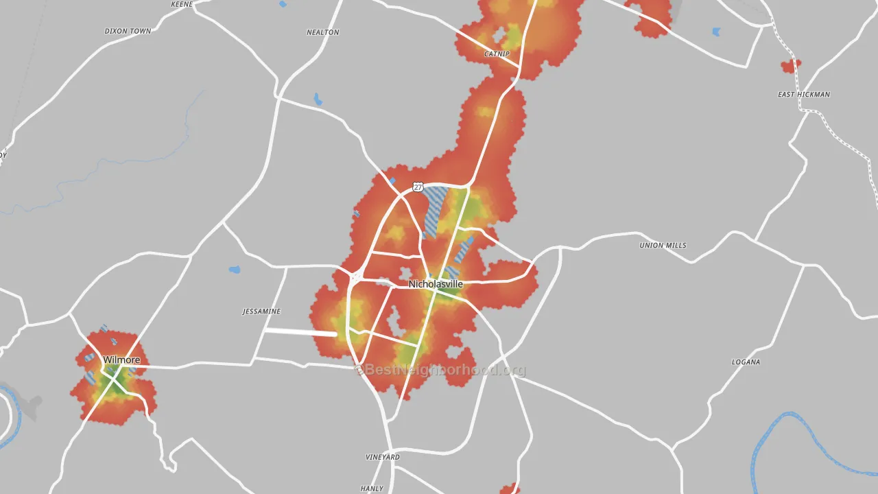 Walk Grade map of 40356, KY, walkable areas in green and car-dependent areas in red