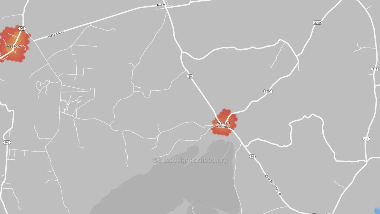 Walk Grade map of 40358, KY, walkable areas in green and car-dependent areas in red