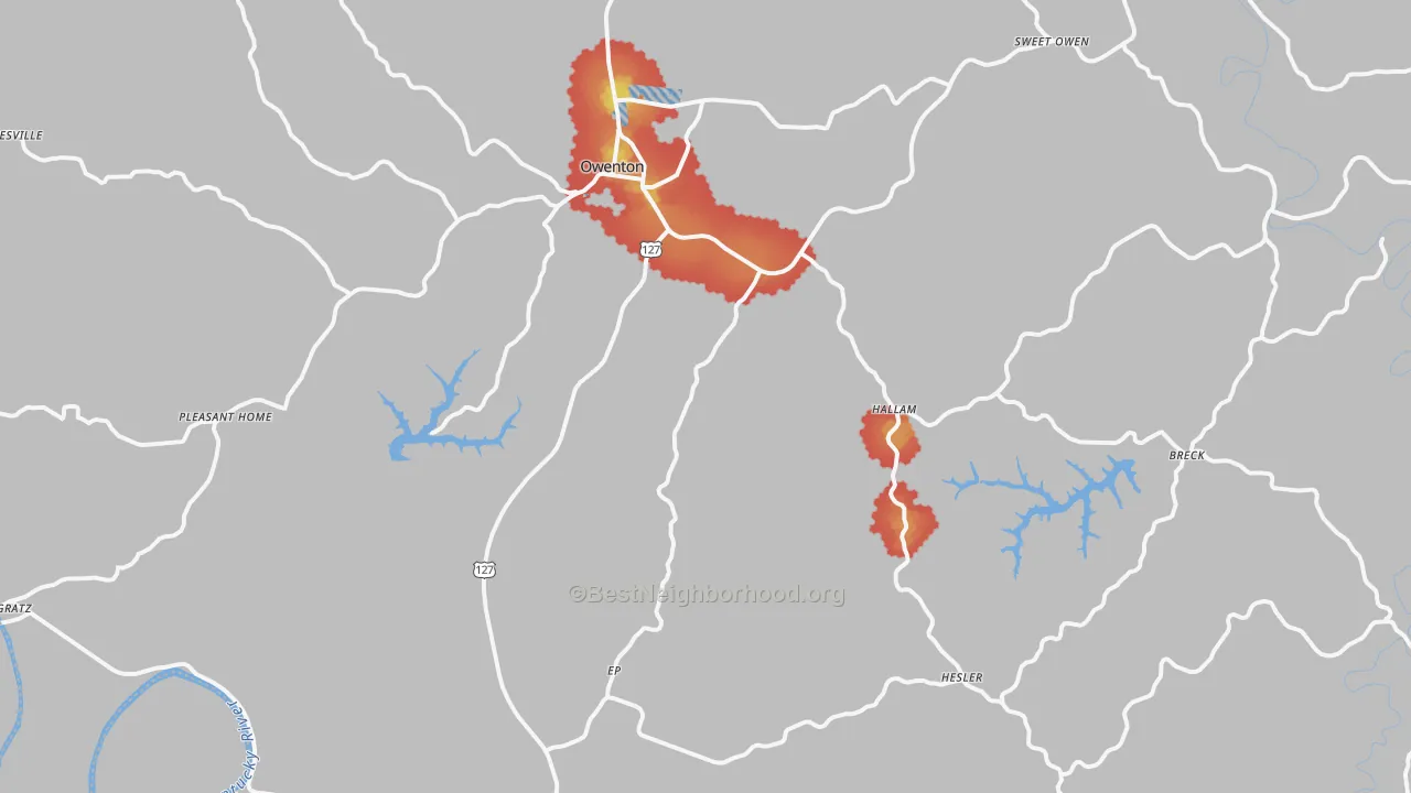 Walk Grade map of 40359, KY, walkable areas in green and car-dependent areas in red