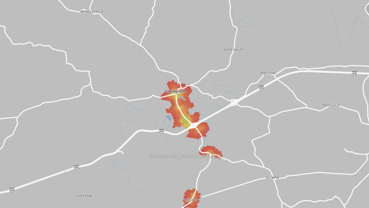 Walk Grade map of 40360, KY, walkable areas in green and car-dependent areas in red