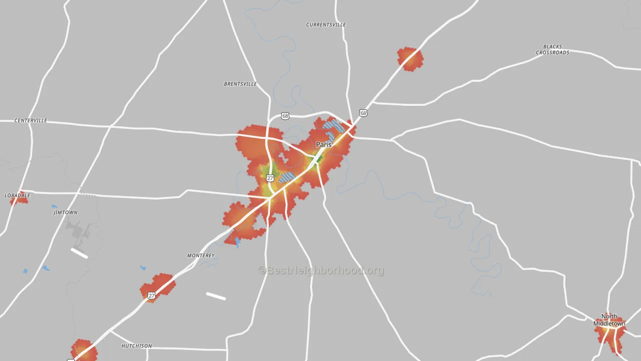 Walk Grade map of 40361, KY, walkable areas in green and car-dependent areas in red