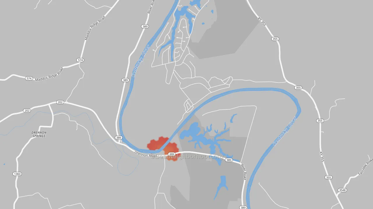 Walk Grade map of 40363, KY, walkable areas in green and car-dependent areas in red