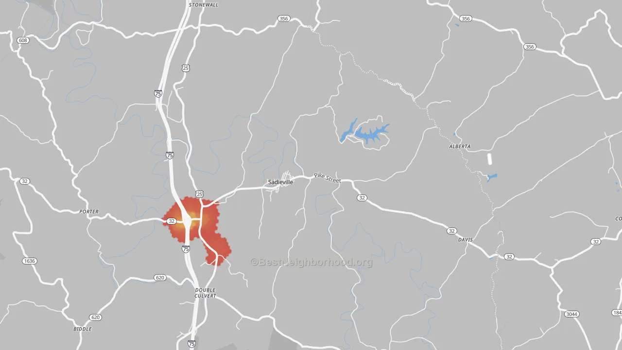 Walk Grade map of 40370, KY, walkable areas in green and car-dependent areas in red