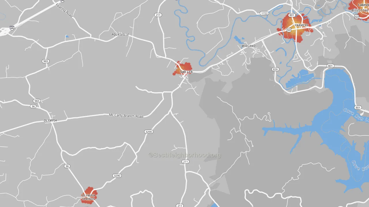 Walk Grade map of 40371, KY, walkable areas in green and car-dependent areas in red