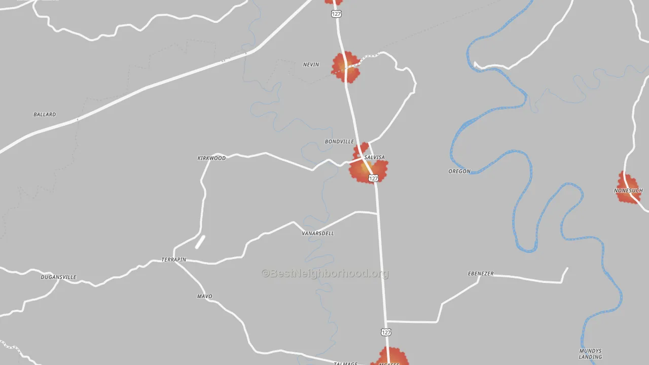 Walk Grade map of 40372, KY, walkable areas in green and car-dependent areas in red