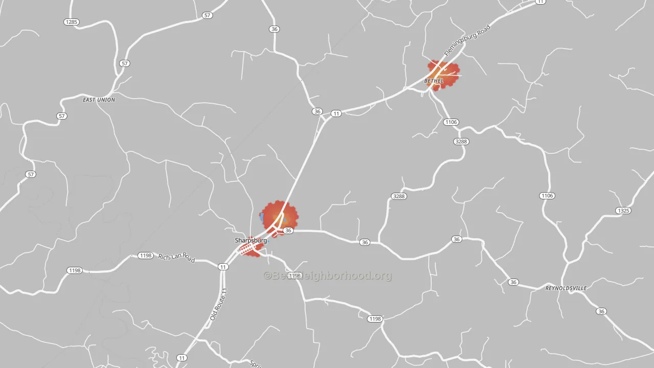 Walk Grade map of 40374, KY, walkable areas in green and car-dependent areas in red