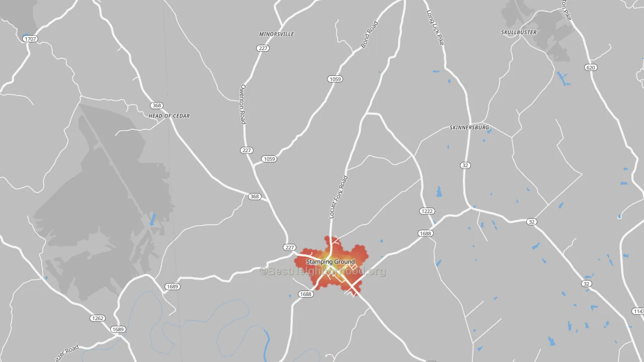 Walk Grade map of 40379, KY, walkable areas in green and car-dependent areas in red