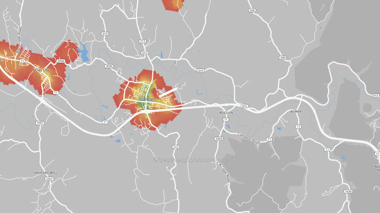 Walk Grade map of 40380, KY, walkable areas in green and car-dependent areas in red