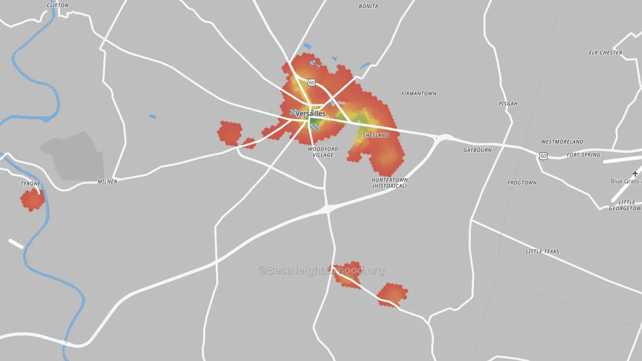 Walk Grade map of 40383, KY, walkable areas in green and car-dependent areas in red