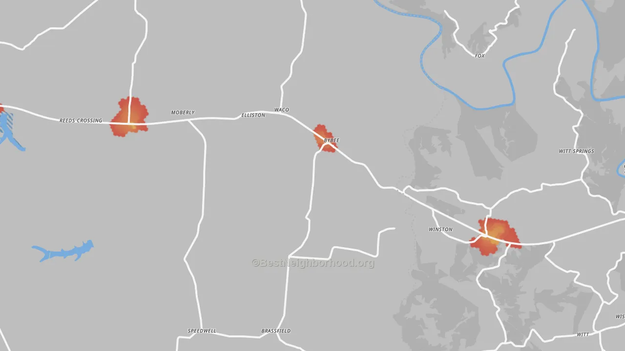 Walk Grade map of 40385, KY, walkable areas in green and car-dependent areas in red