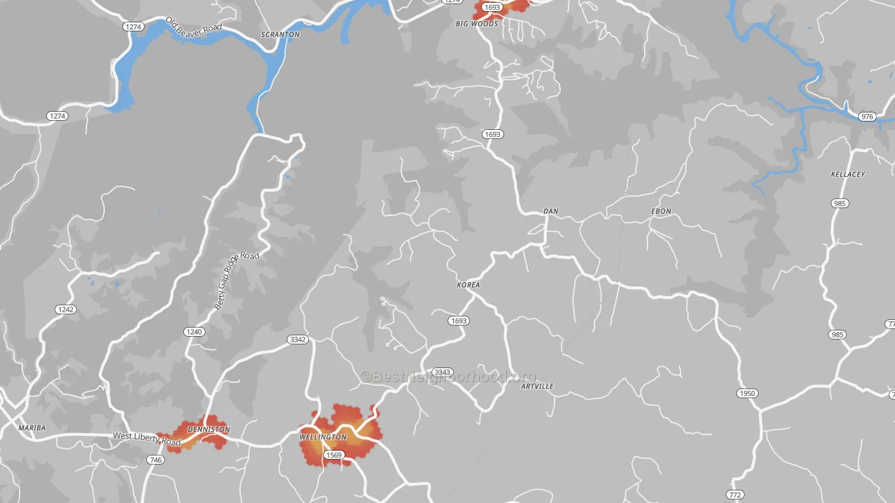 Walk Grade map of 40387, KY, walkable areas in green and car-dependent areas in red