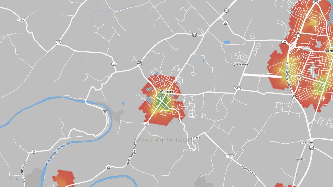 Walk Grade map of 40390, KY, walkable areas in green and car-dependent areas in red
