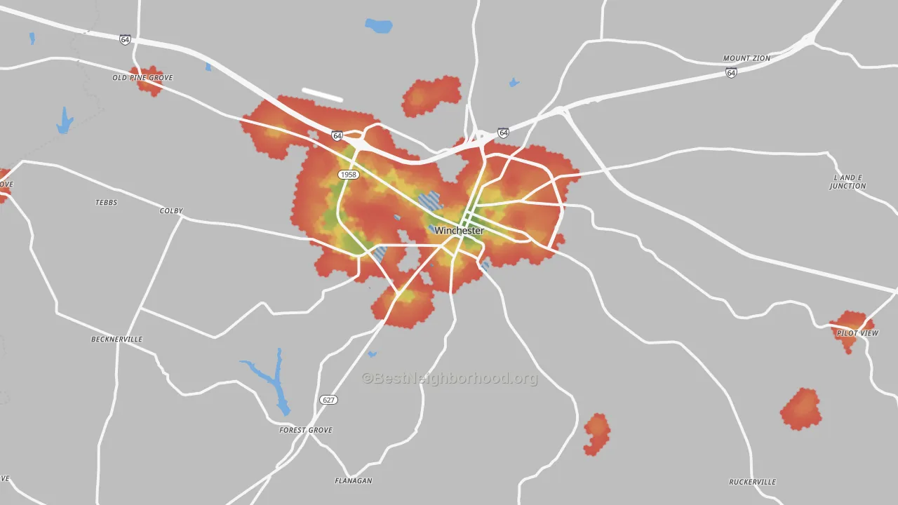 Walk Grade map of 40391, KY, walkable areas in green and car-dependent areas in red