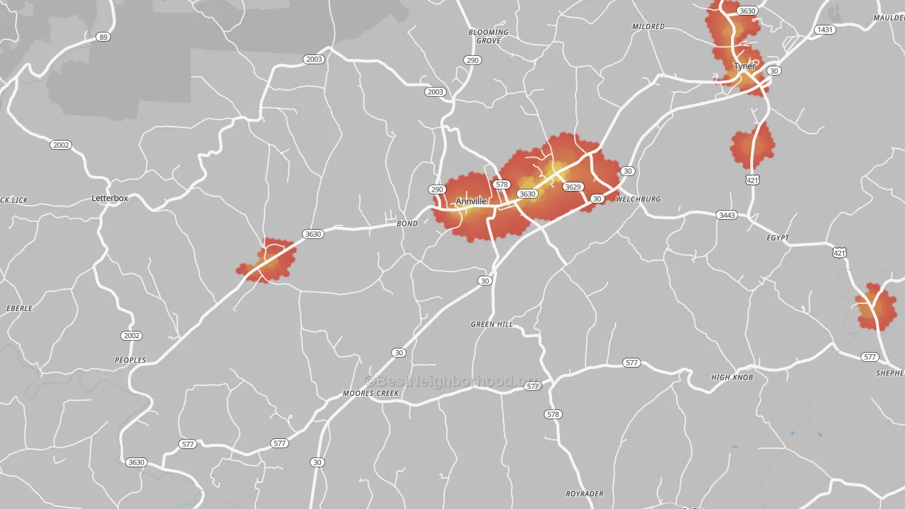 Walk Grade map of 40402, KY, walkable areas in green and car-dependent areas in red