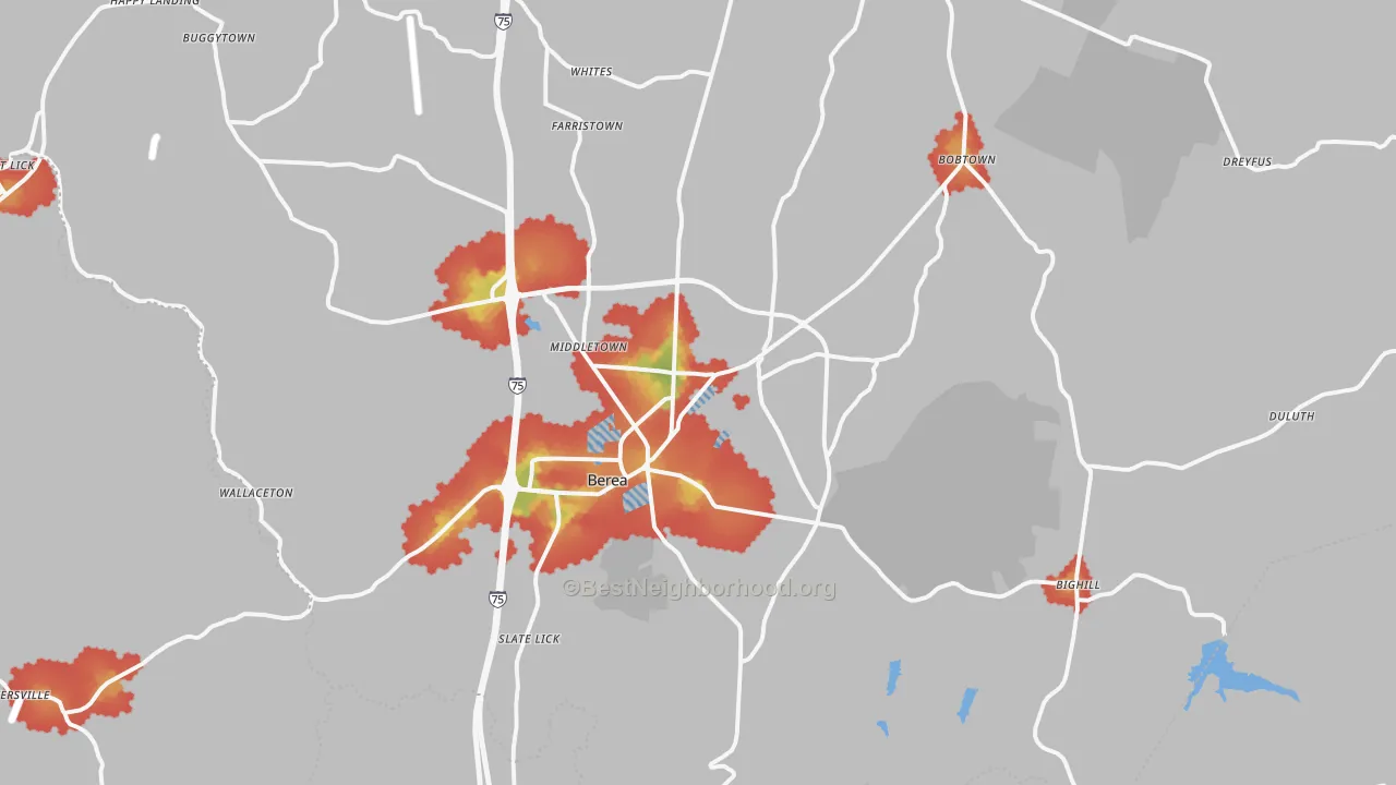 Walk Grade map of 40403, KY, walkable areas in green and car-dependent areas in red