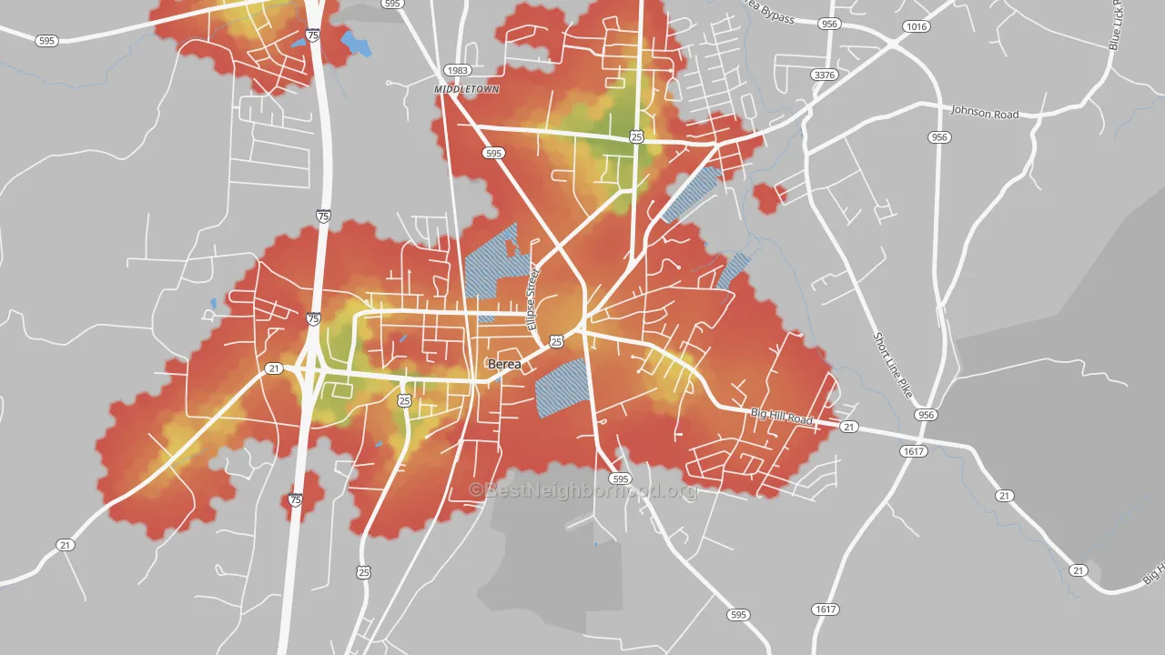Walk Grade map of 40404, KY, walkable areas in green and car-dependent areas in red