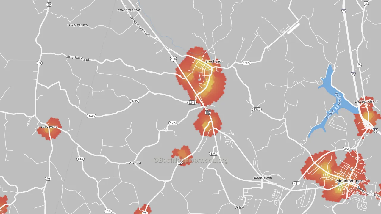 Walk Grade map of 40409, KY, walkable areas in green and car-dependent areas in red