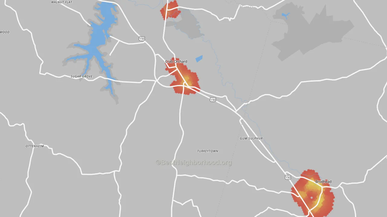 Walk Grade map of 40419, KY, walkable areas in green and car-dependent areas in red