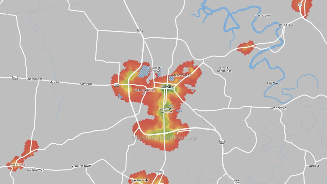 Walk Grade map of 40422, KY, walkable areas in green and car-dependent areas in red