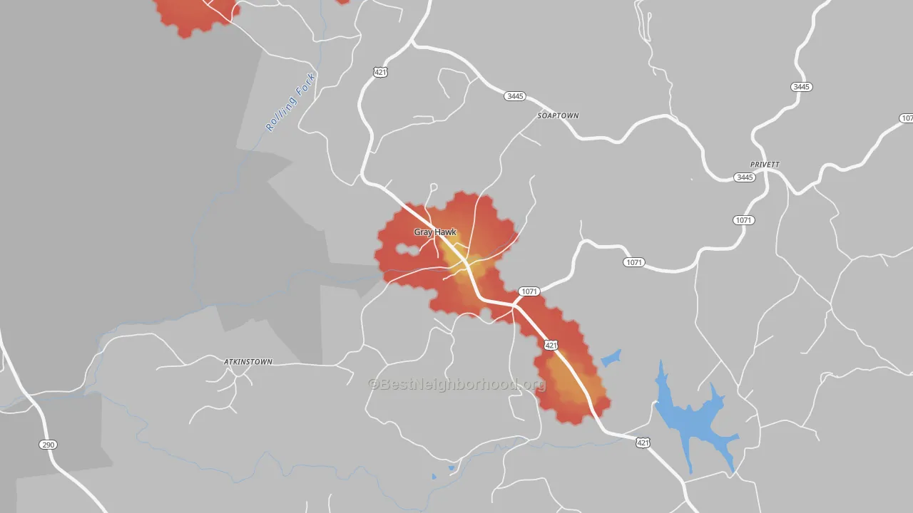 Walk Grade map of 40434, KY, walkable areas in green and car-dependent areas in red