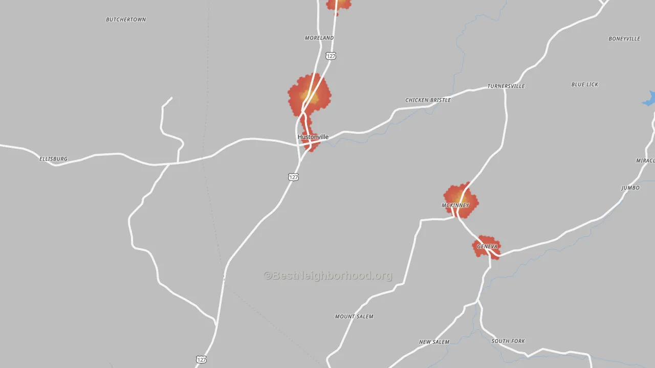 Walk Grade map of 40437, KY, walkable areas in green and car-dependent areas in red