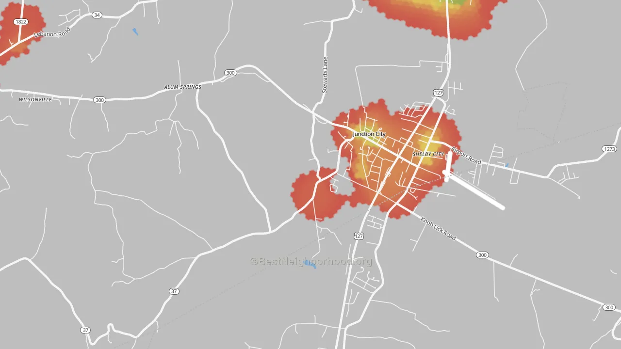Walk Grade map of 40440, KY, walkable areas in green and car-dependent areas in red
