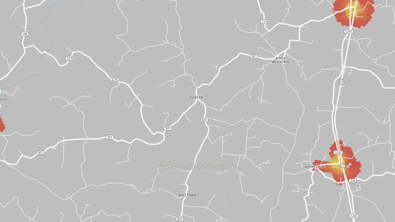 Walk Grade map of 40442, KY, walkable areas in green and car-dependent areas in red