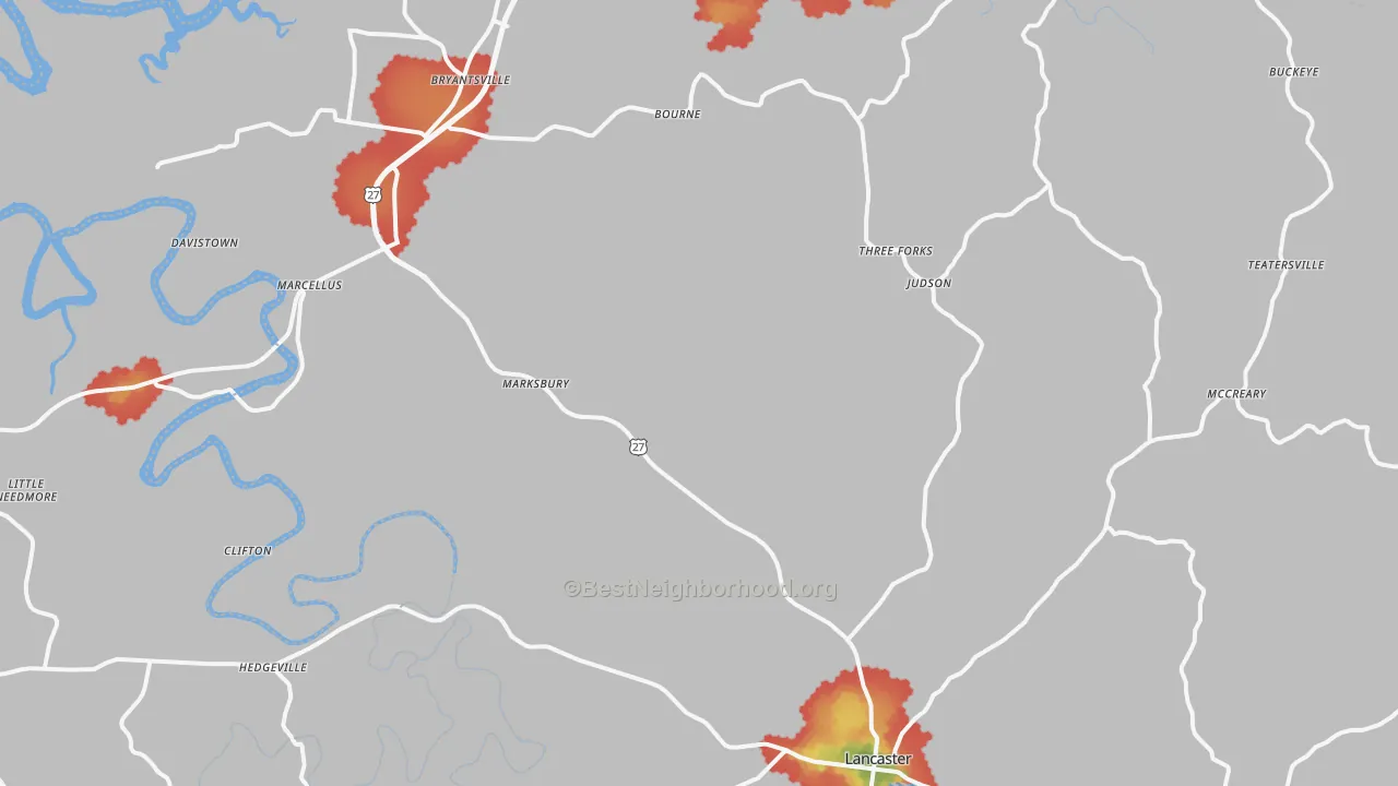 Walk Grade map of 40444, KY, walkable areas in green and car-dependent areas in red
