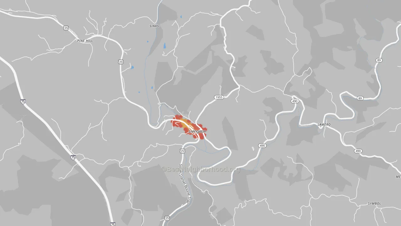Walk Grade map of 40445, KY, walkable areas in green and car-dependent areas in red