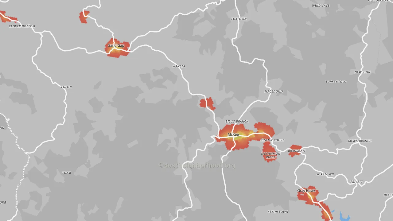 Walk Grade map of 40447, KY, walkable areas in green and car-dependent areas in red