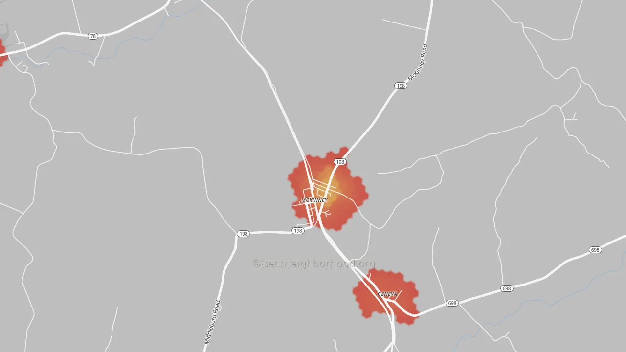 Walk Grade map of 40448, KY, walkable areas in green and car-dependent areas in red