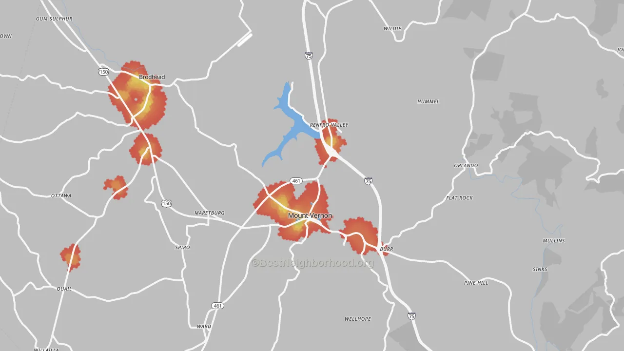 Walk Grade map of 40456, KY, walkable areas in green and car-dependent areas in red