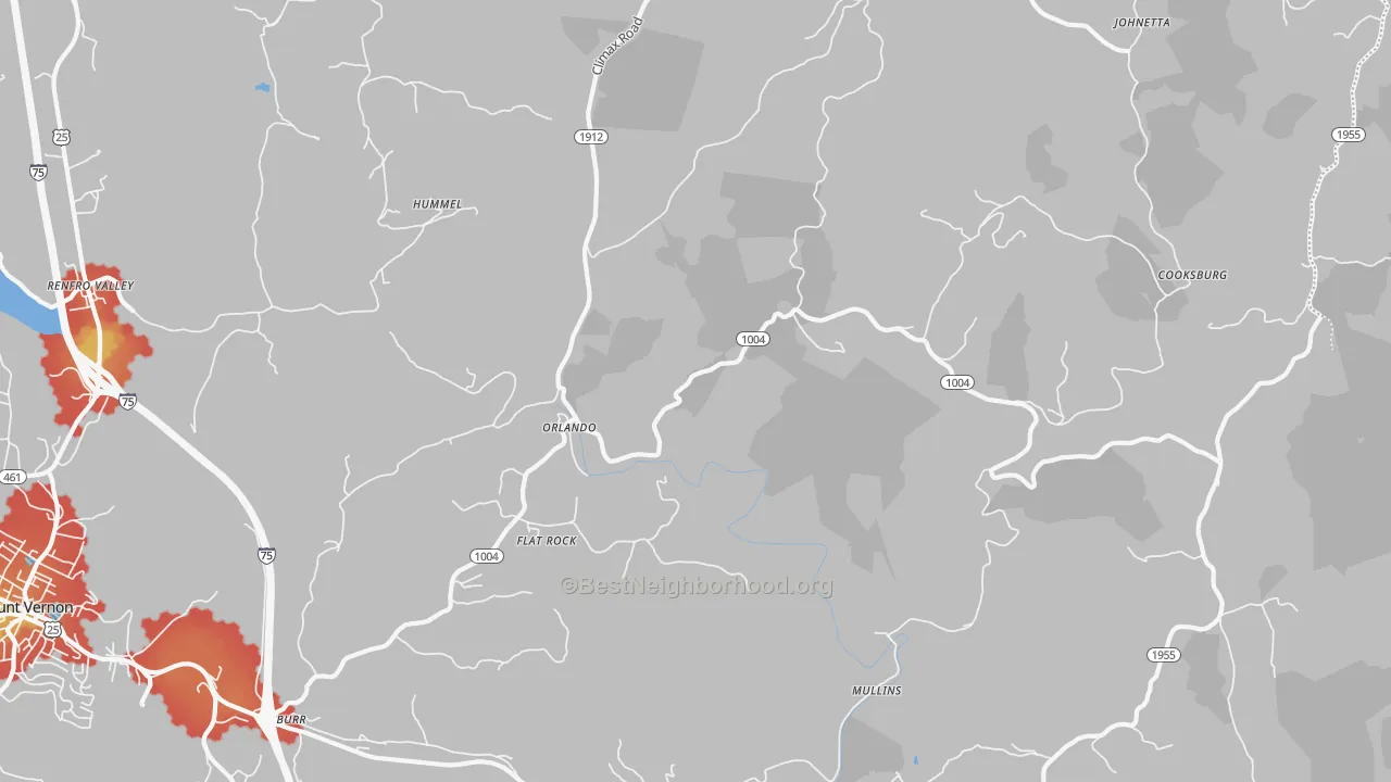 Walk Grade map of 40460, KY, walkable areas in green and car-dependent areas in red