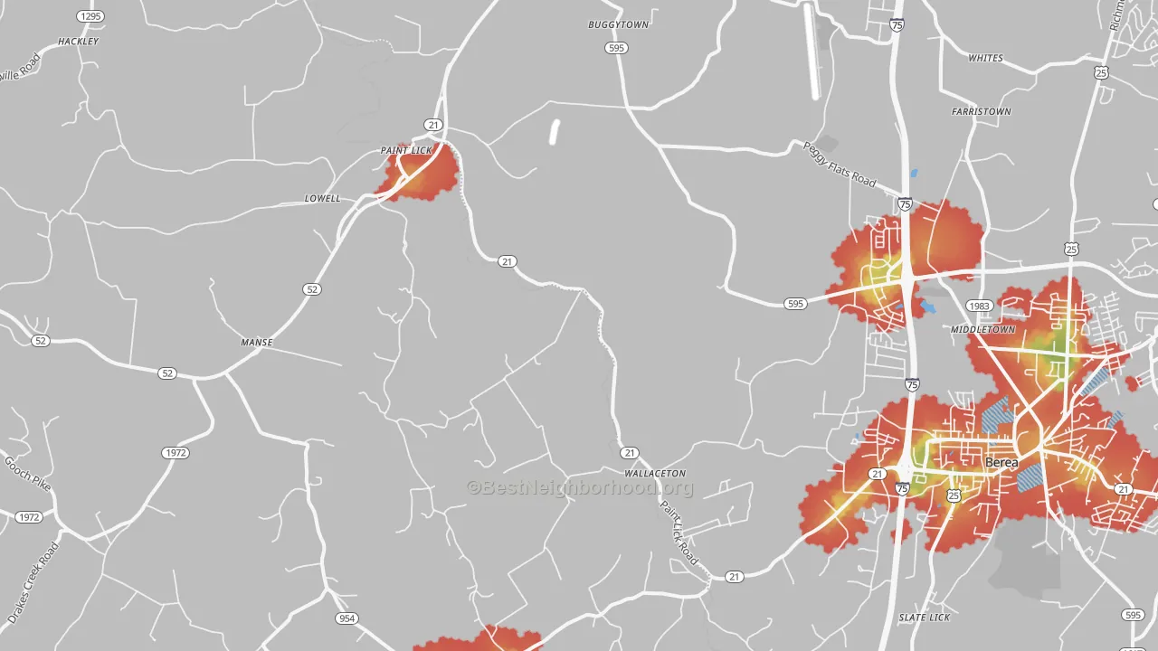 Walk Grade map of 40461, KY, walkable areas in green and car-dependent areas in red