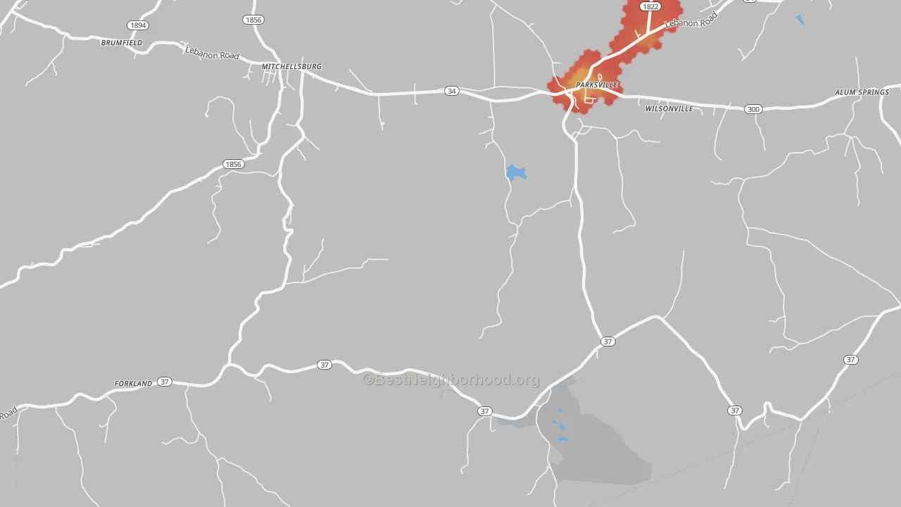 Walk Grade map of 40464, KY, walkable areas in green and car-dependent areas in red