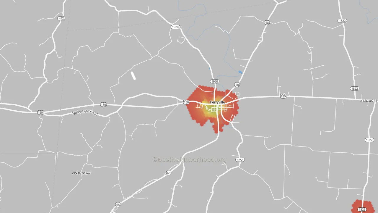 Walk Grade map of 40468, KY, walkable areas in green and car-dependent areas in red