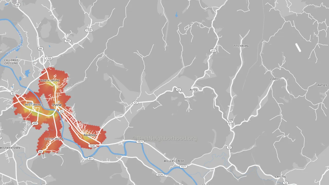 Walk Grade map of 40472, KY, walkable areas in green and car-dependent areas in red