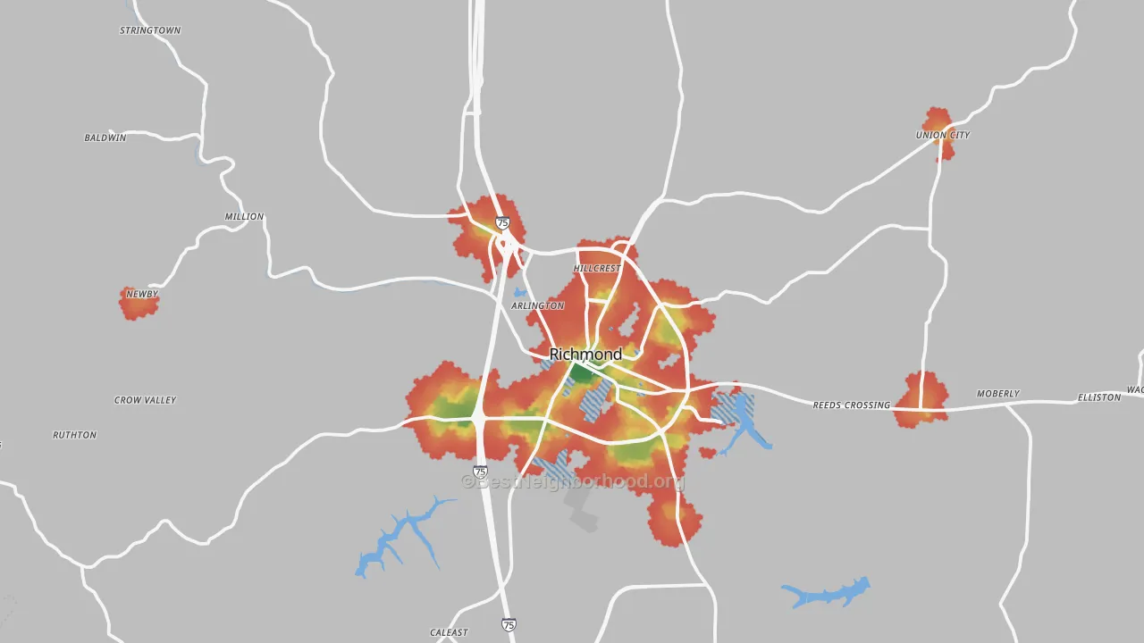 Walk Grade map of 40475, KY, walkable areas in green and car-dependent areas in red