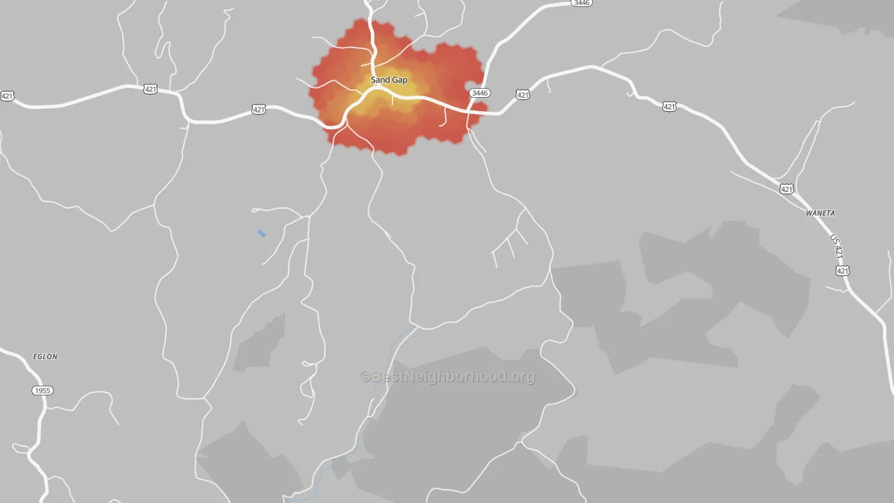 Walk Grade map of 40481, KY, walkable areas in green and car-dependent areas in red