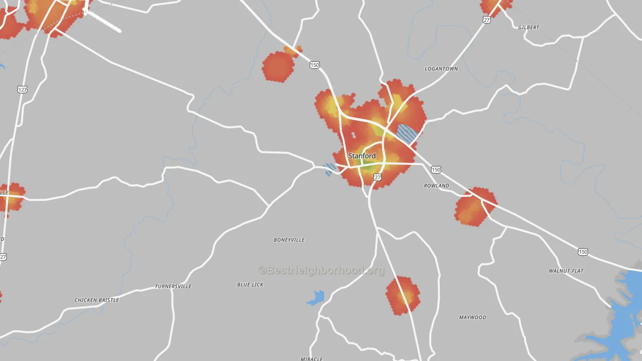 Walk Grade map of 40484, KY, walkable areas in green and car-dependent areas in red