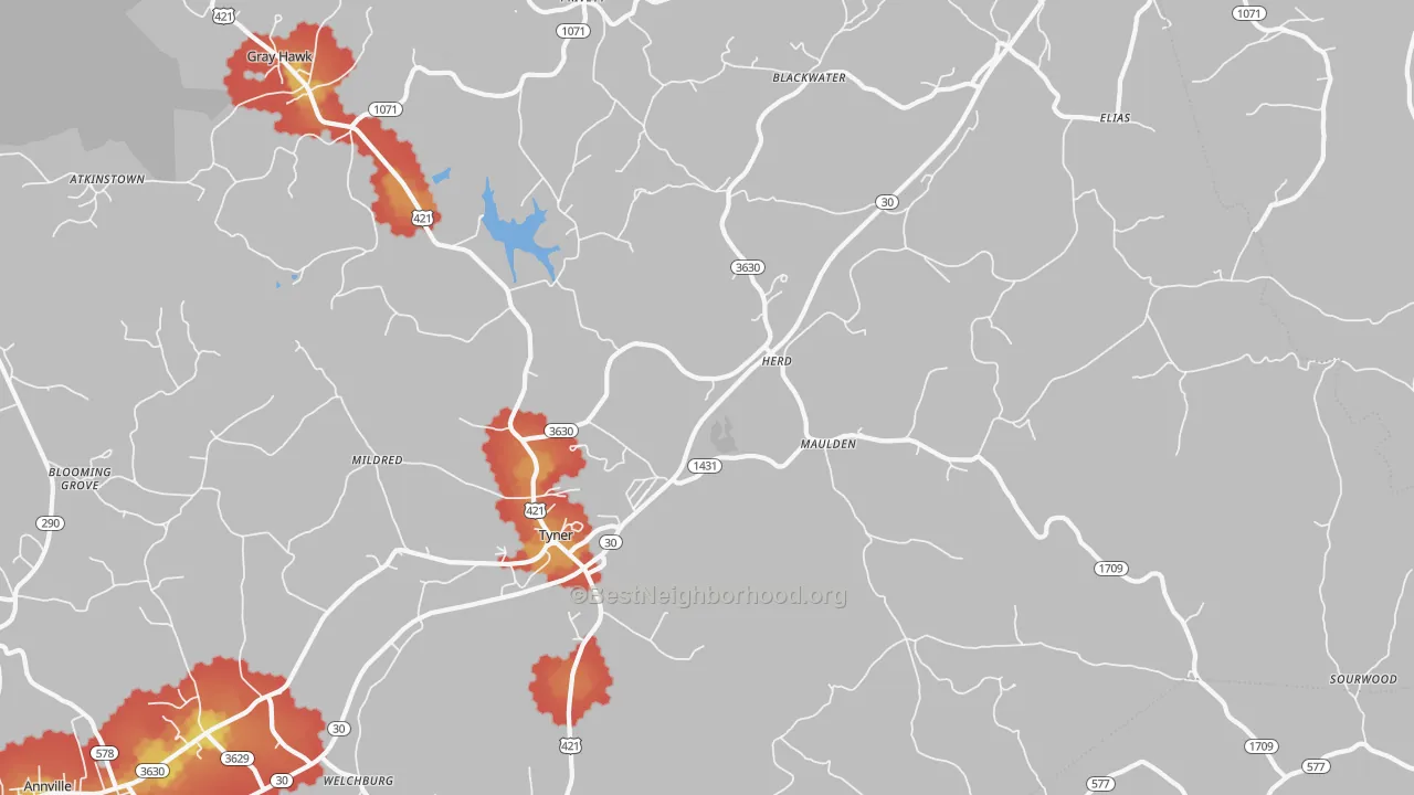 Walk Grade map of 40486, KY, walkable areas in green and car-dependent areas in red