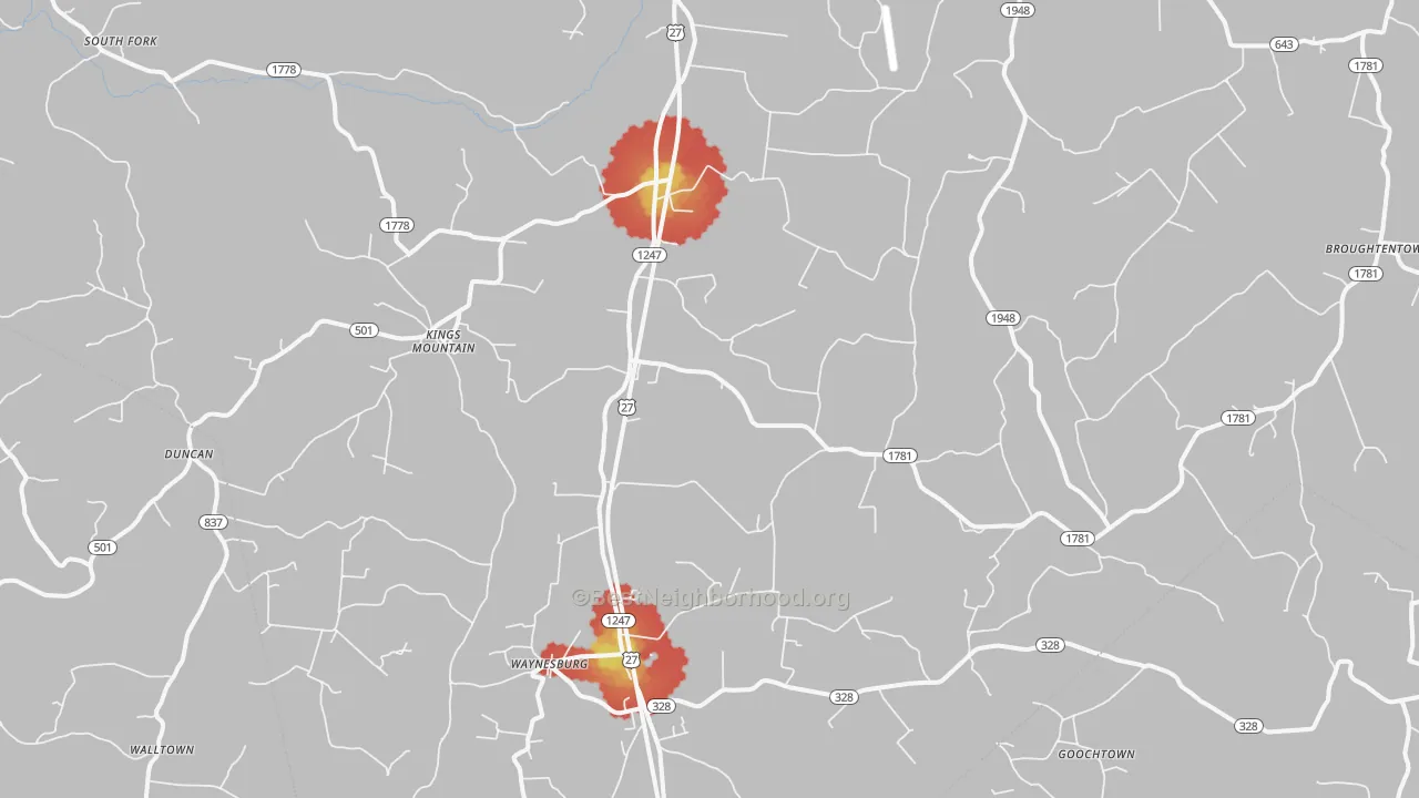 Walk Grade map of 40489, KY, walkable areas in green and car-dependent areas in red