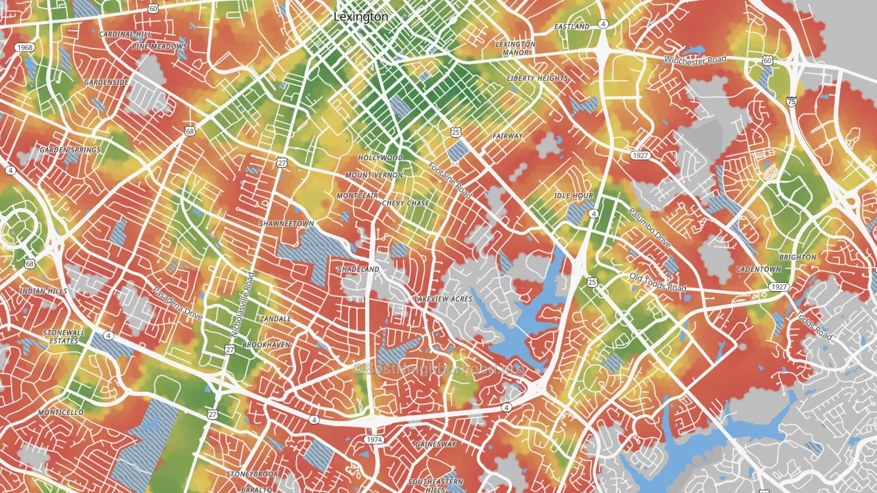 Walk Grade map of 40502, KY, walkable areas in green and car-dependent areas in red