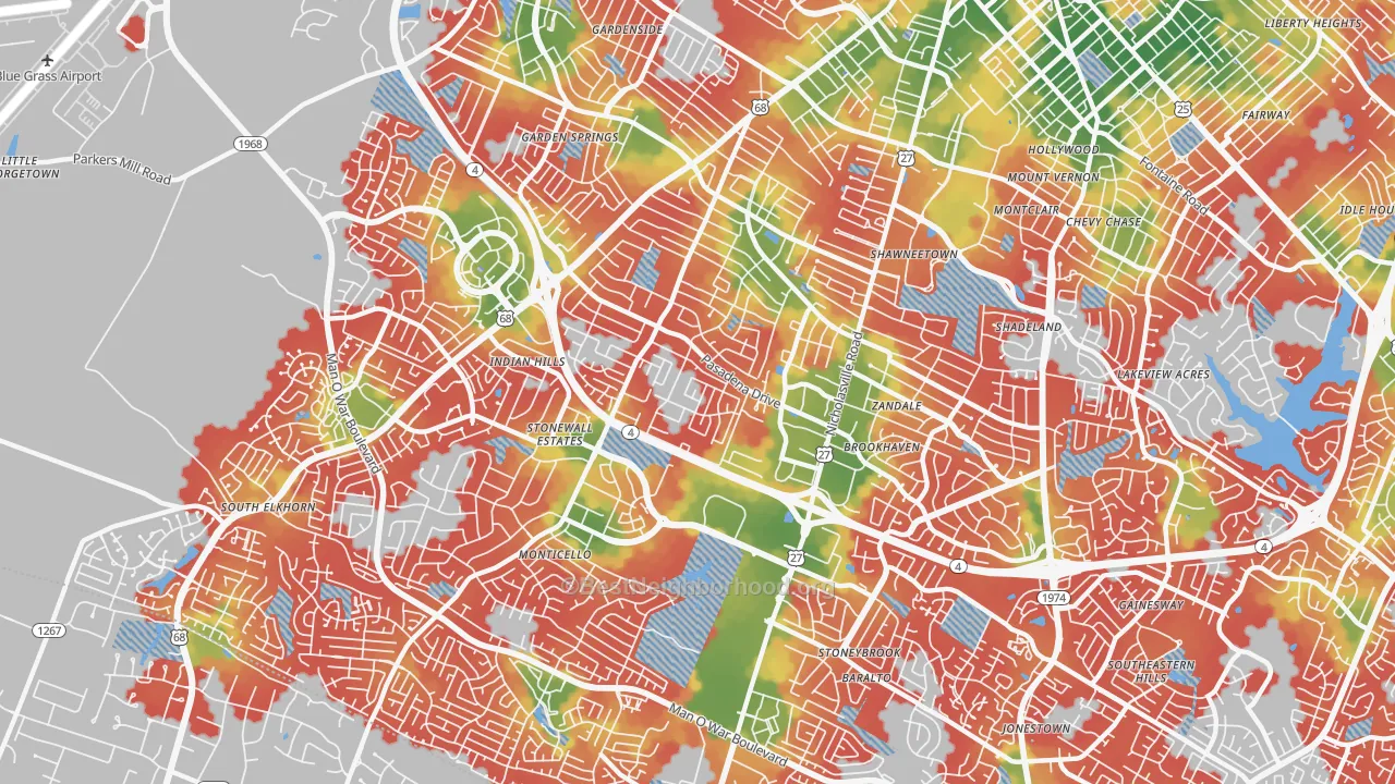 Walk Grade map of 40503, KY, walkable areas in green and car-dependent areas in red
