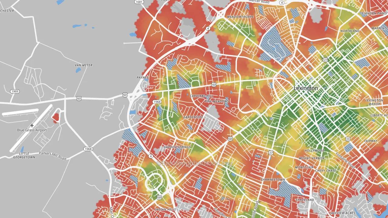 Walk Grade map of 40504, KY, walkable areas in green and car-dependent areas in red