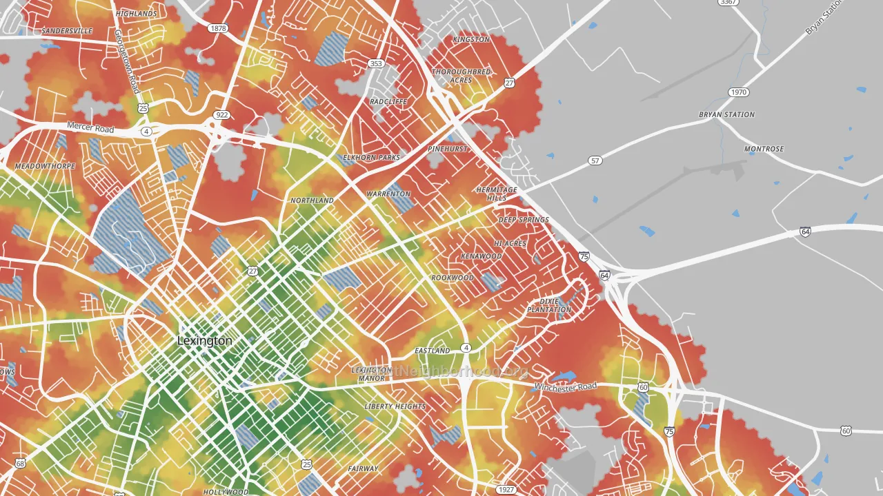 Walk Grade map of 40505, KY, walkable areas in green and car-dependent areas in red