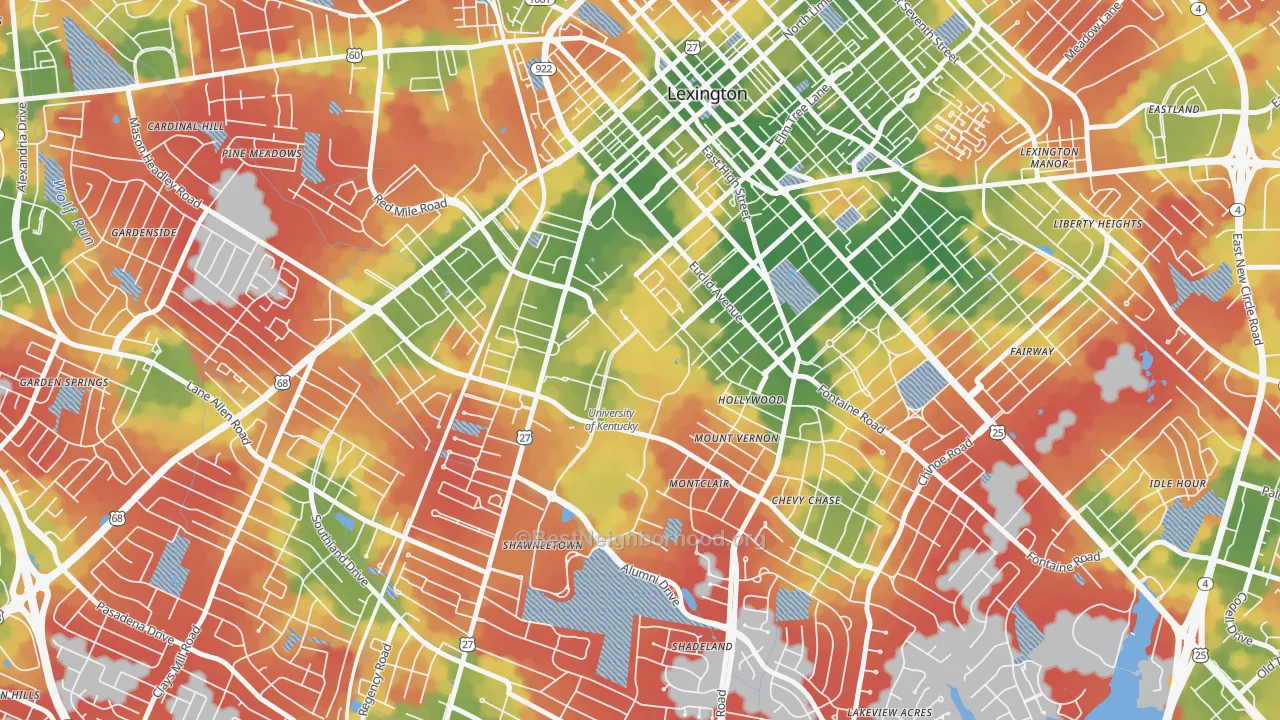Walk Grade map of 40506, KY, walkable areas in green and car-dependent areas in red